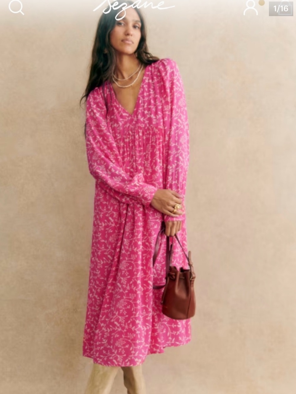 Sézane Nilla Midi Dress Long Sleeve Pink Rose Floral Size 10